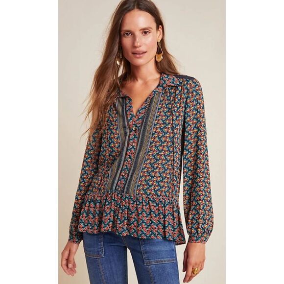 Maeve Tops - MAEVE by ANTHROPOLOGIE Multicolored Sz 6 Button Up JANIE FLOUNCED PEASANT Blouse